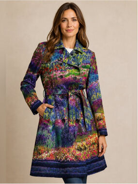 Donna White Floral Print Trench Coat Double Breasted Small Garden print Jacket
